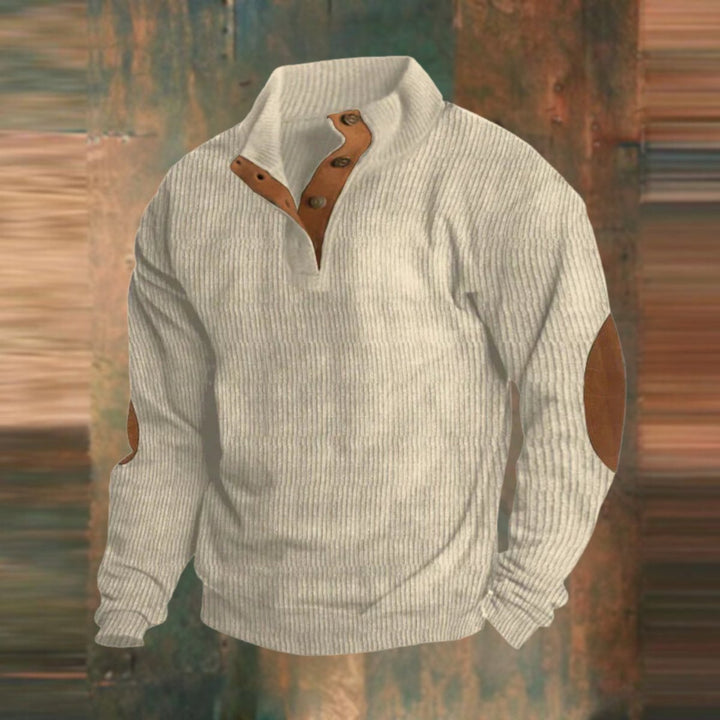 Men's Ribbed Knit Quarter-Button Jumper Elbow Patch Pullover