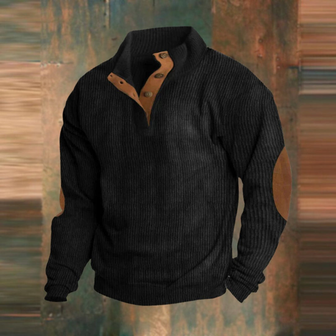 Men's Ribbed Knit Quarter-Button Jumper Elbow Patch Pullover