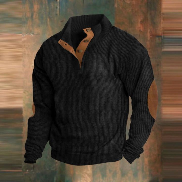 Men's Ribbed Knit Quarter-Button Jumper Elbow Patch Pullover