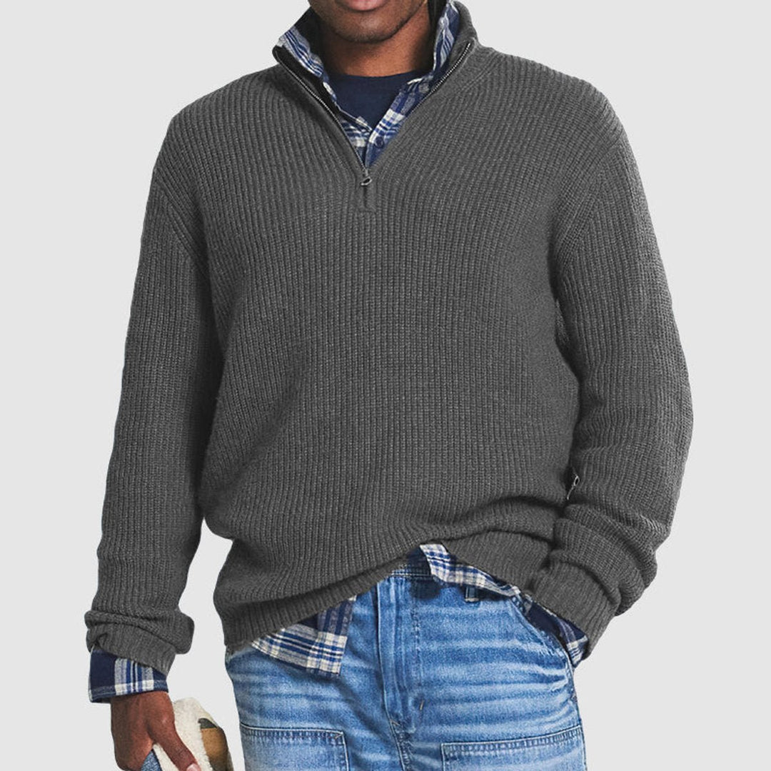 Men's Ribbed Knit Quarter-Zip Jumper Business Casual Pullover