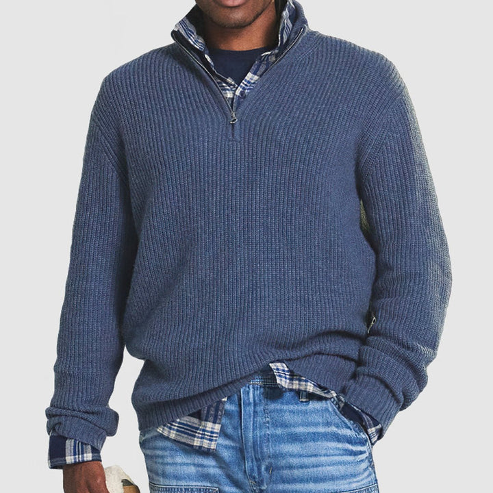 Men's Ribbed Knit Quarter-Zip Jumper Business Casual Pullover