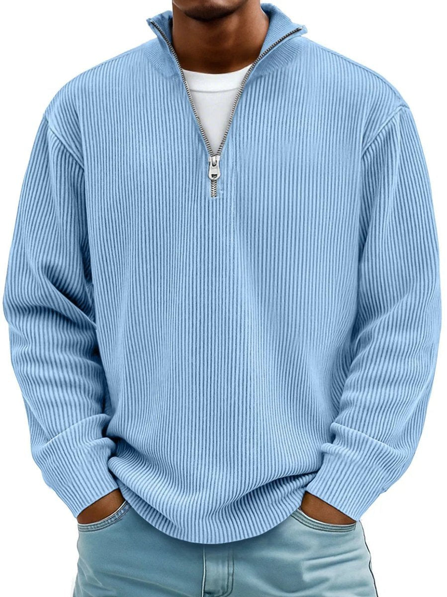 Men's Ribbed Knit Quarter-Zip Jumper Stand Collar Pullover