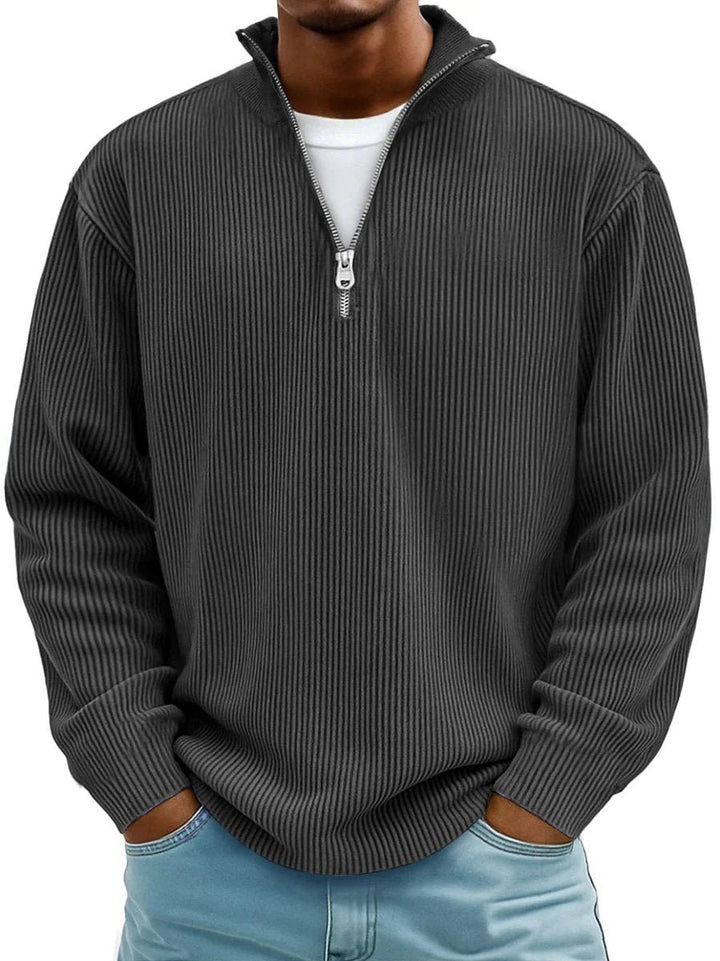 Men's Ribbed Knit Quarter-Zip Jumper Stand Collar Pullover