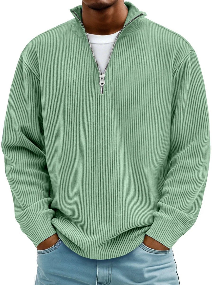 Men's Ribbed Knit Quarter-Zip Jumper Stand Collar Pullover