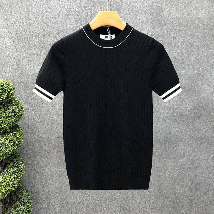 Men's Ribbed Knitted Polo Crewneck Short-Sleeve Jumper