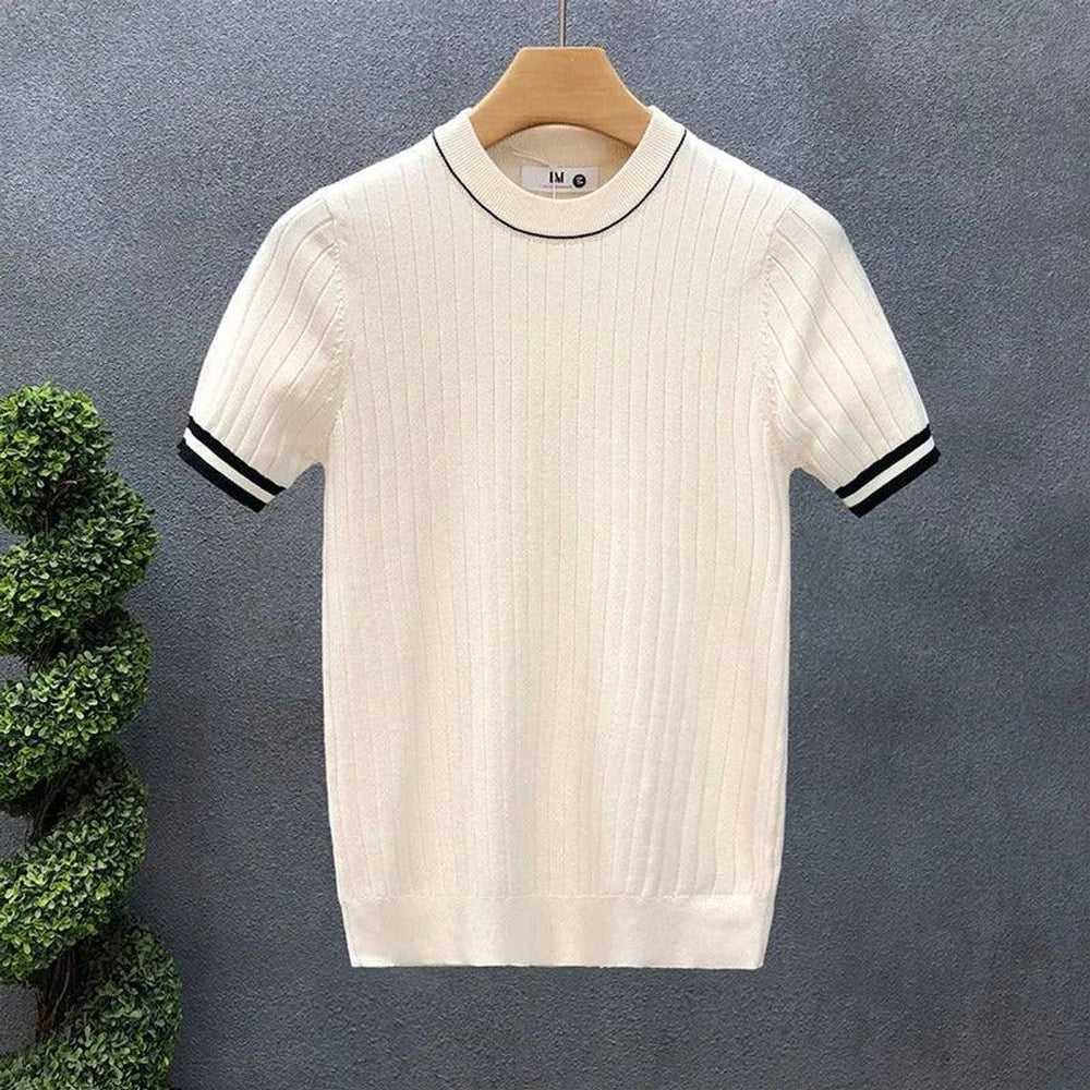 Men's Ribbed Knitted Polo Crewneck Short-Sleeve Jumper
