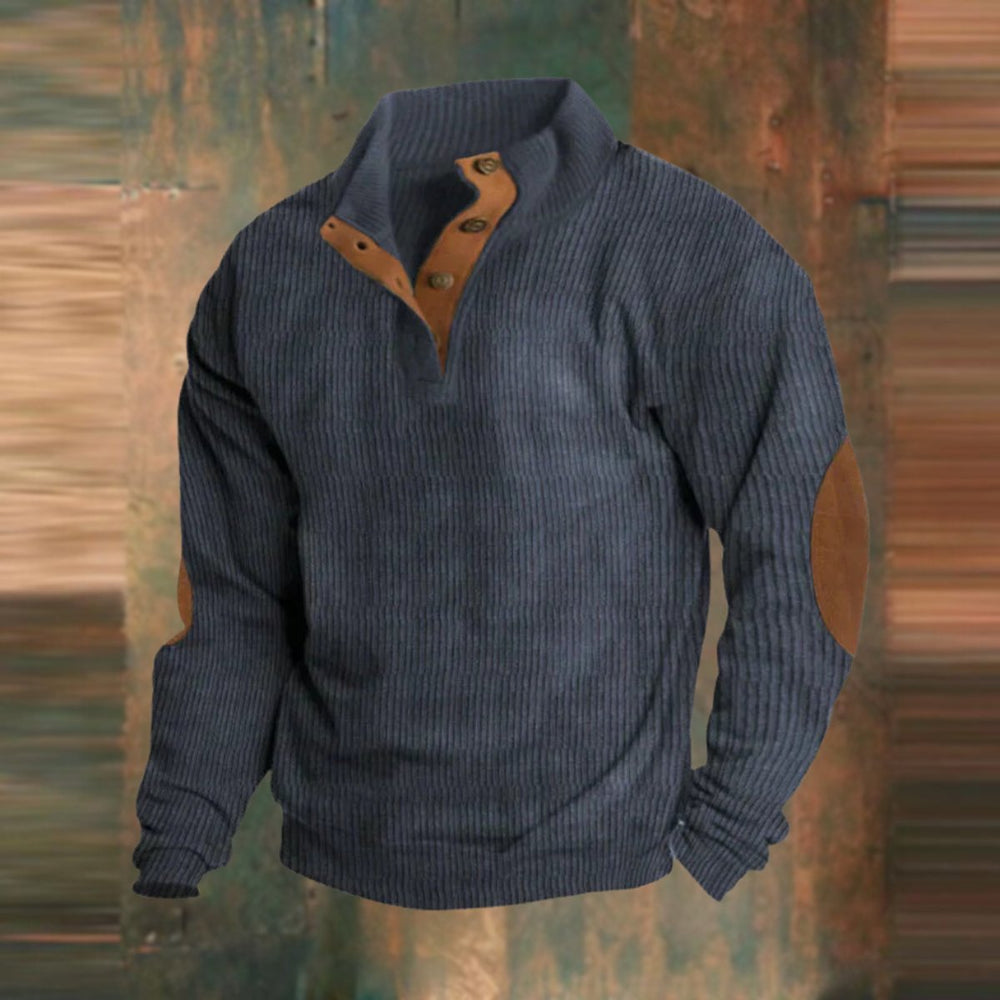 Mens Ribbed Knitted Polo Jumper Stand Collar Button Placket Elbow Patch