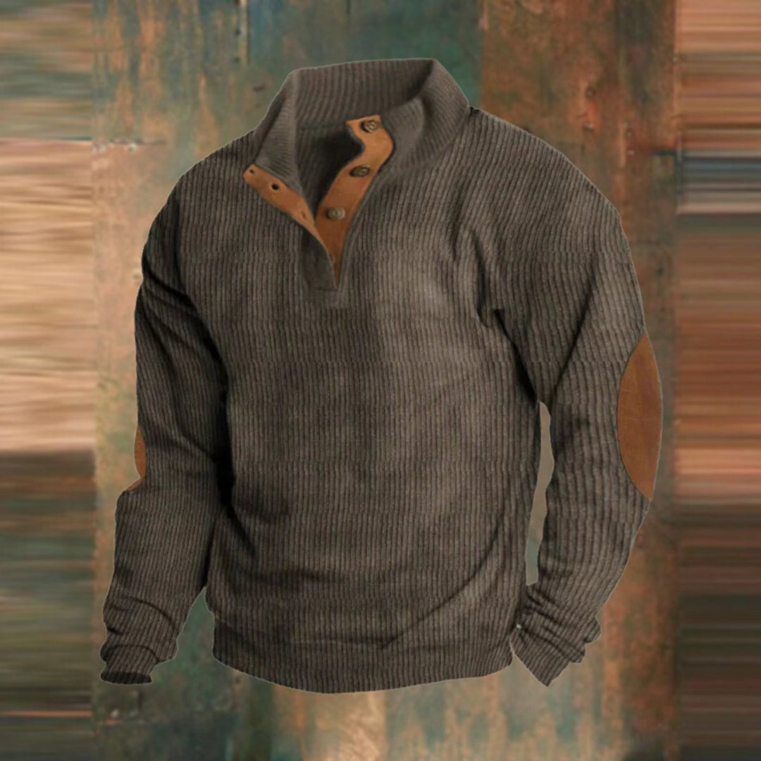 Mens Ribbed Knitted Polo Jumper Stand Collar Button Placket Elbow Patch