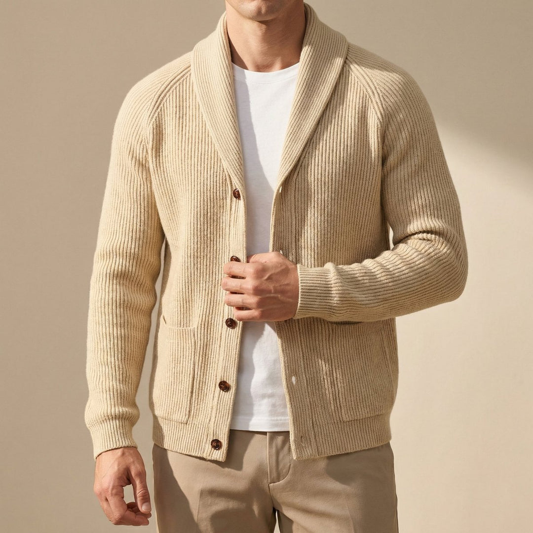 Men's Ribbed Wool Shawl-Collar Cardigan Knitted Jumper