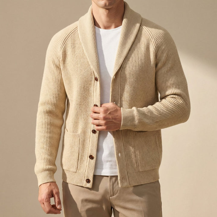 Men's Ribbed Wool Shawl-Collar Cardigan Knitted Jumper
