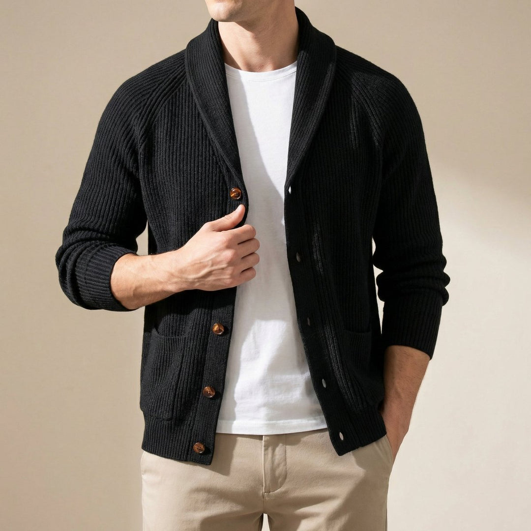 Men's Ribbed Wool Shawl-Collar Cardigan Knitted Jumper
