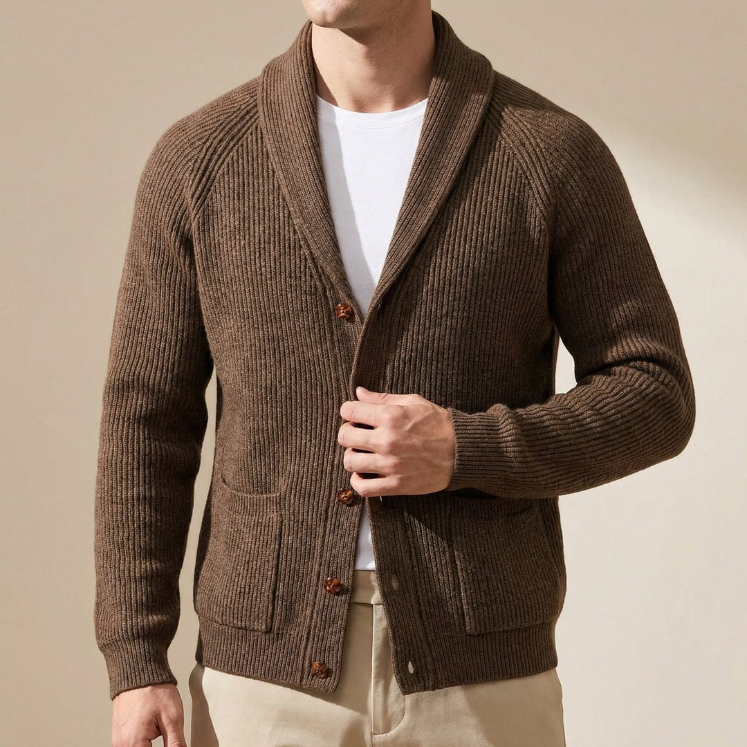 Men's Ribbed Wool Shawl-Collar Cardigan Knitted Jumper