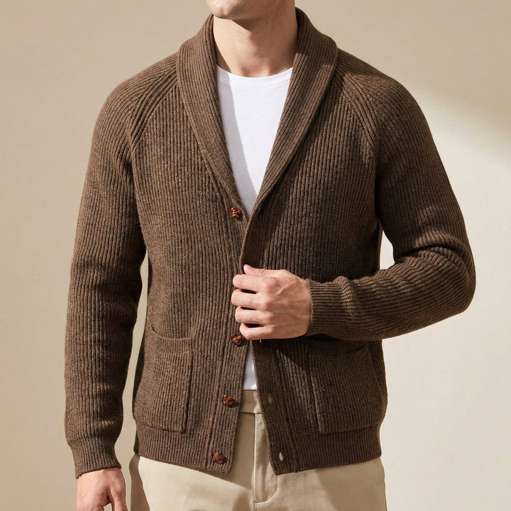 Men's Ribbed Wool Shawl-Collar Cardigan Knitted Jumper