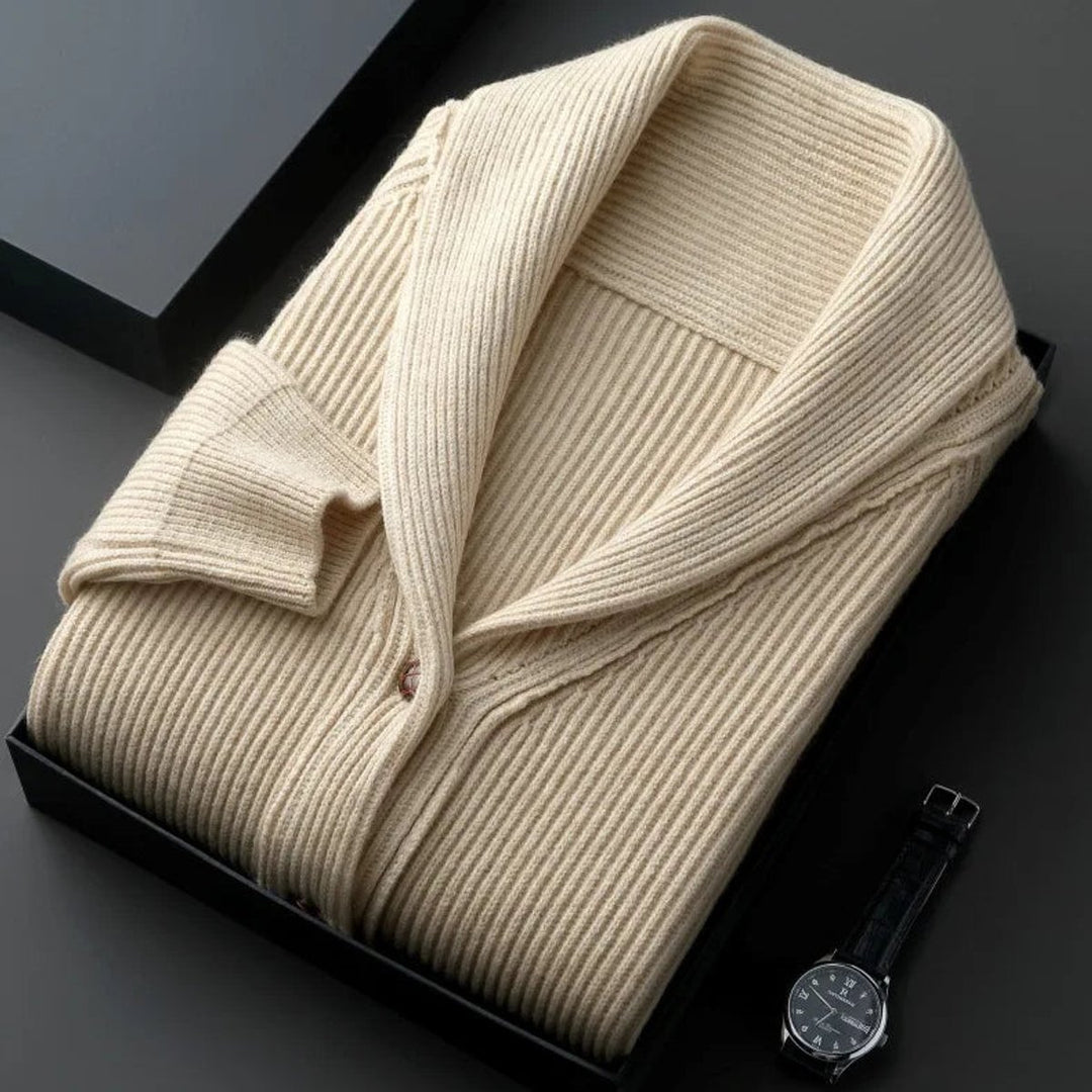 Men's Ribbed Wool Shawl-Collar Cardigan Knitted Jumper
