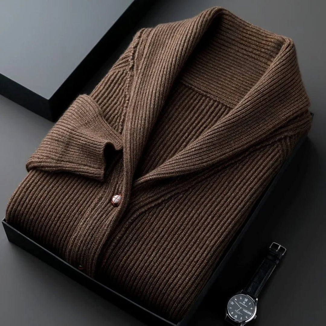 Men's Ribbed Wool Shawl-Collar Cardigan Knitted Jumper