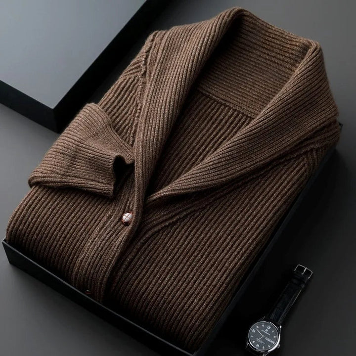 Men's Ribbed Wool Shawl-Collar Cardigan Knitted Jumper