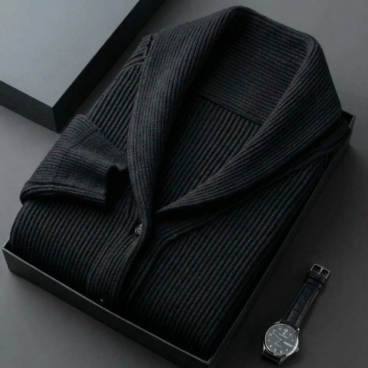 Men's Ribbed Wool Shawl-Collar Cardigan Knitted Jumper