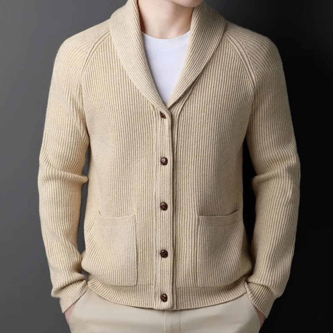 Men's Ribbed Wool Shawl-Collar Cardigan Knitted Jumper