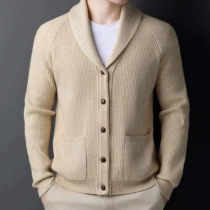 Men's Ribbed Wool Shawl-Collar Cardigan Knitted Jumper