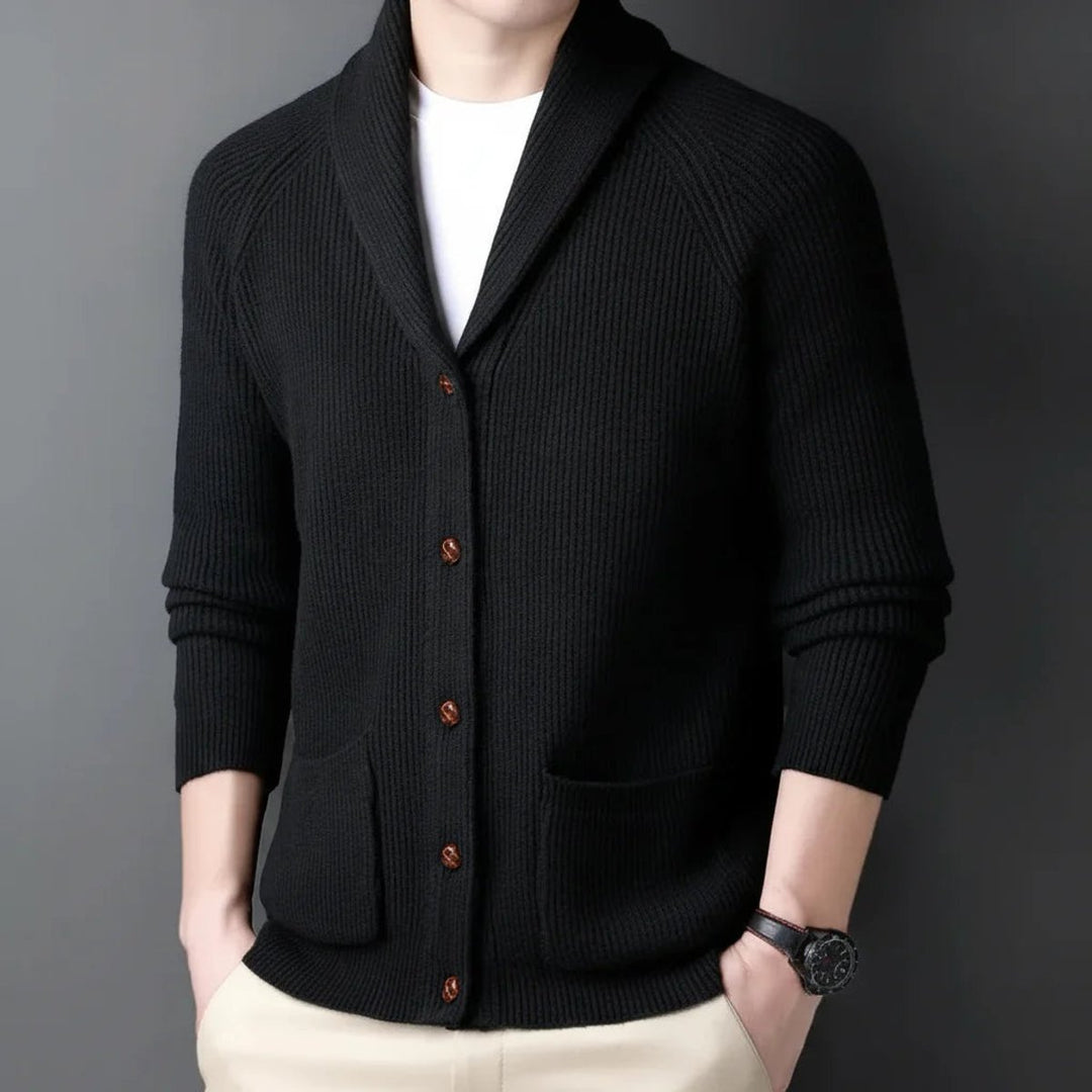 Men's Ribbed Wool Shawl-Collar Cardigan Knitted Jumper