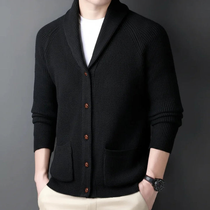 Men's Ribbed Wool Shawl-Collar Cardigan Knitted Jumper