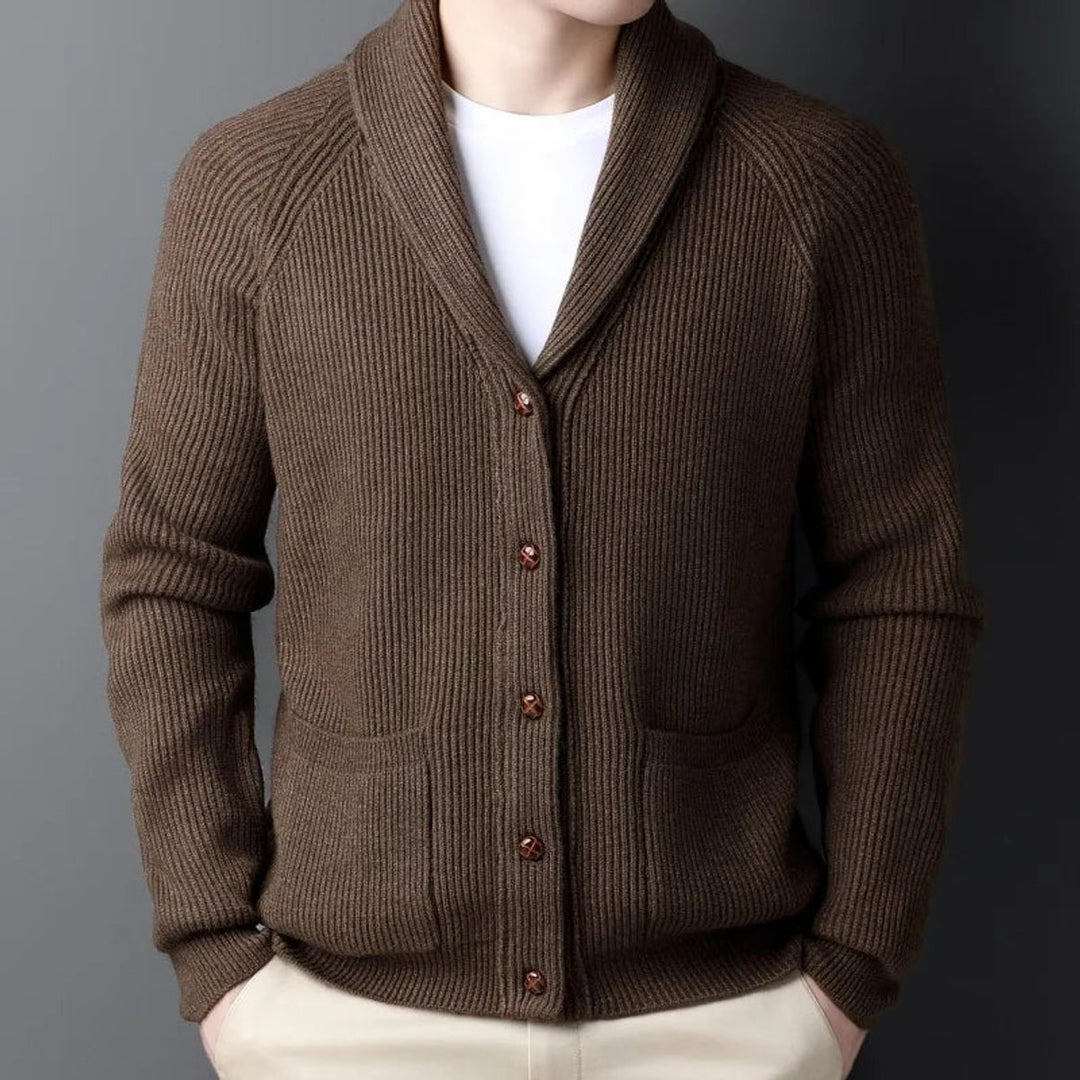 Men's Ribbed Wool Shawl-Collar Cardigan Knitted Jumper