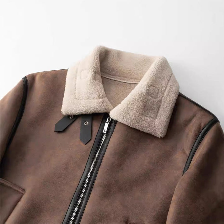 Mens Shearling Bomber Jacket Faux Leather Fleece Lined Coat