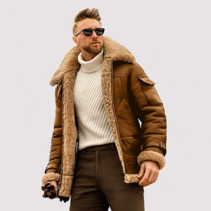 Mens Shearling Bomber Jacket Fleece-Lined Aviator Coat