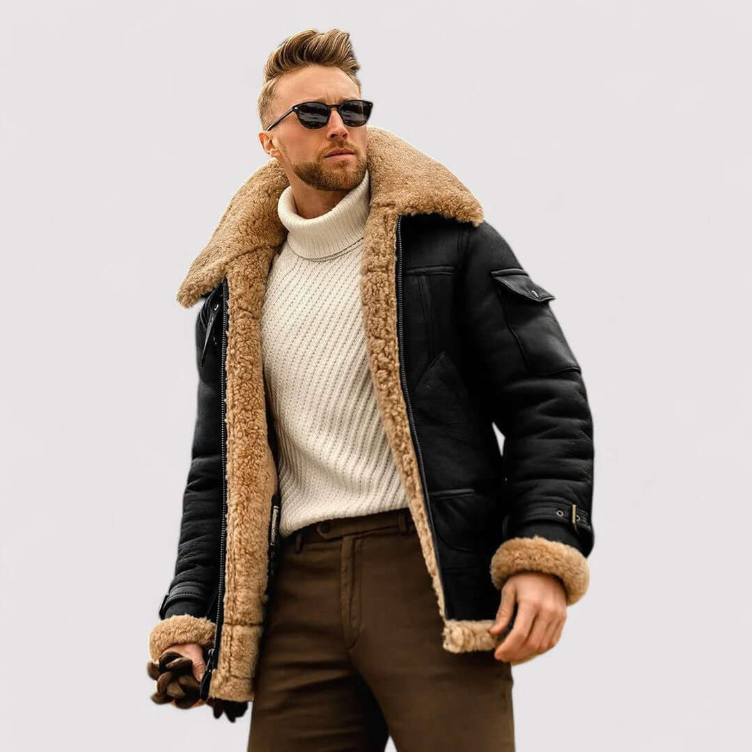 Mens Shearling Bomber Jacket Fleece-Lined Aviator Coat