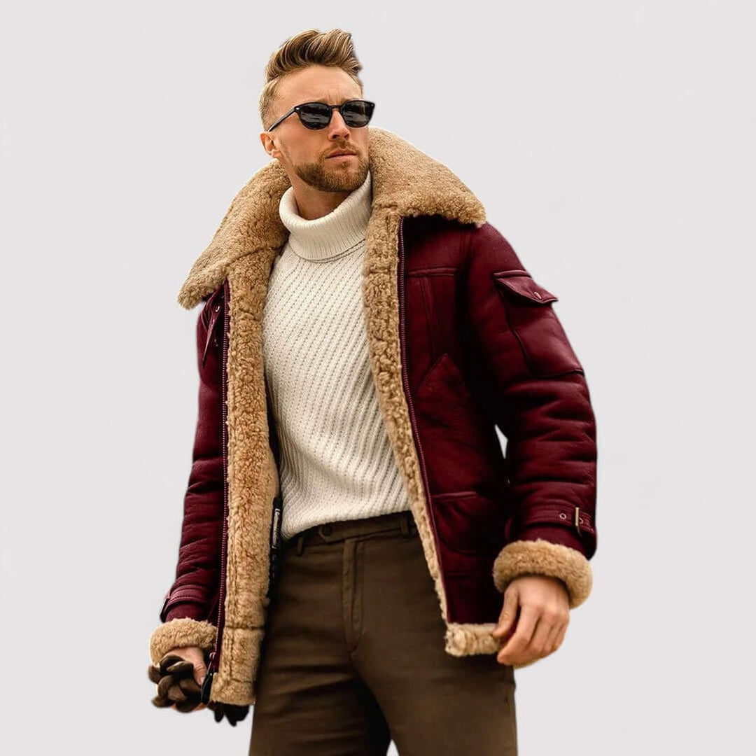 Mens Shearling Bomber Jacket Fleece-Lined Aviator Coat