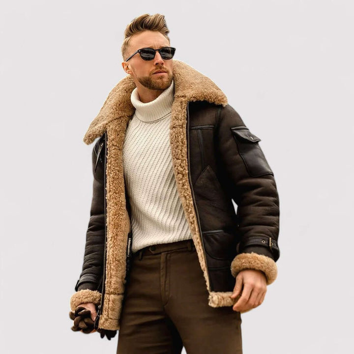 Mens Shearling Bomber Jacket Fleece-Lined Aviator Coat