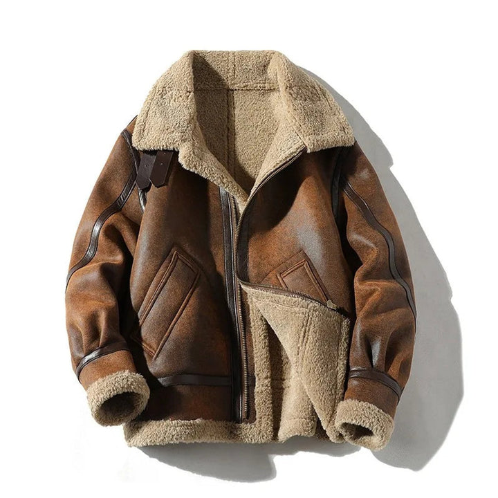 Mens Shearling-Lined Aviator Bomber Jacket Suede-Finish Winter Coat