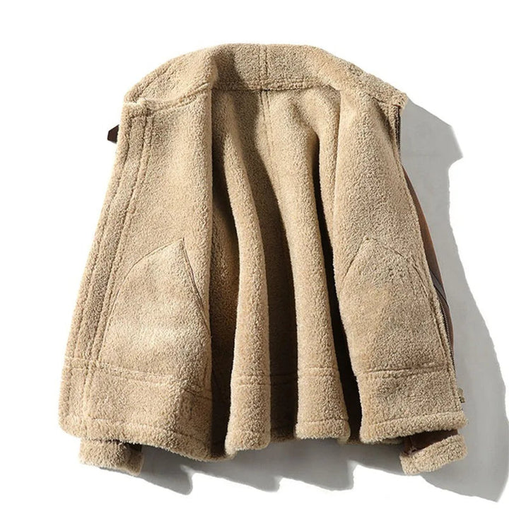 Mens Shearling-Lined Aviator Bomber Jacket Suede-Finish Winter Coat