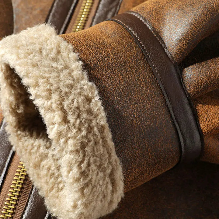 Mens Shearling-Lined Aviator Bomber Jacket Suede-Finish Winter Coat
