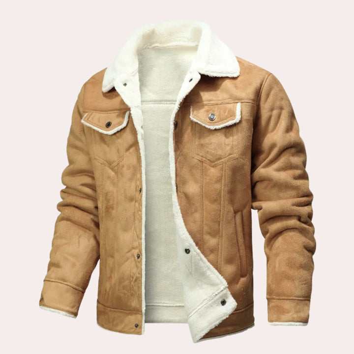 Mens Shearling-Lined Suede-Effect Winter Jacket Fleece Collar Coat