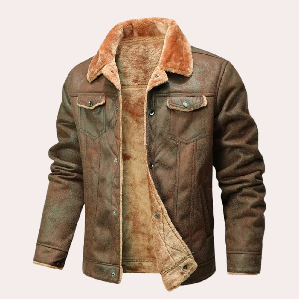 Mens Shearling-Lined Suede-Effect Winter Jacket Fleece Collar Coat