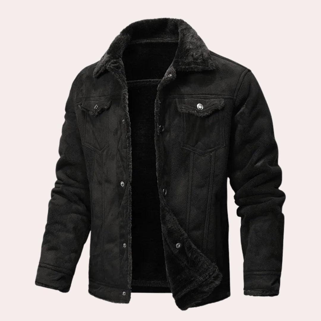Mens Shearling-Lined Suede-Effect Winter Jacket Fleece Collar Coat