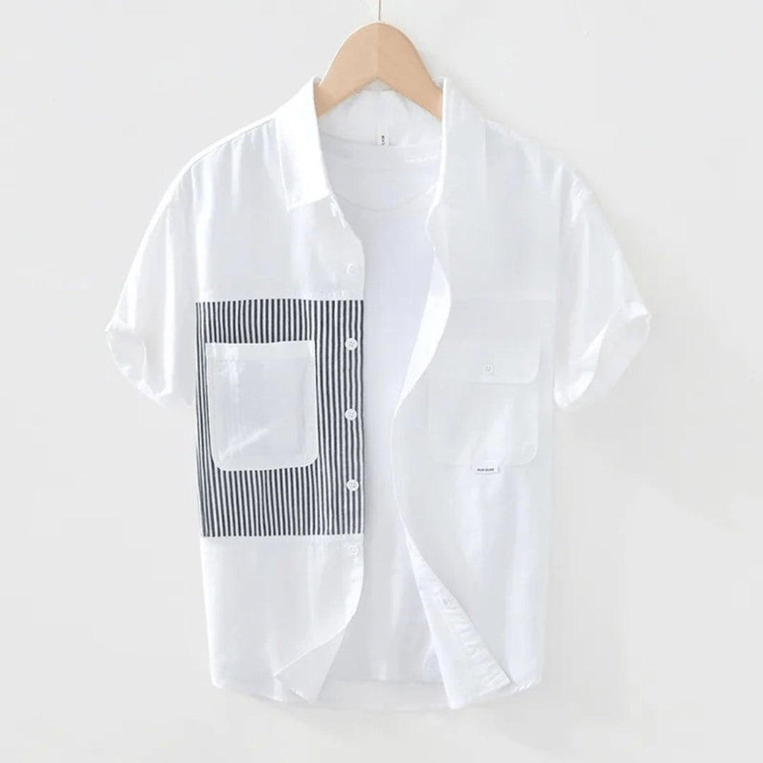 Mens Shirt Relaxed-Fit Cotton Pinstripe Panel Short-Sleeve