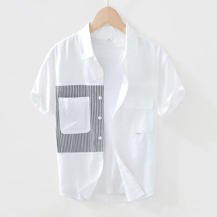 Mens Shirt Relaxed-Fit Cotton Pinstripe Panel Short-Sleeve