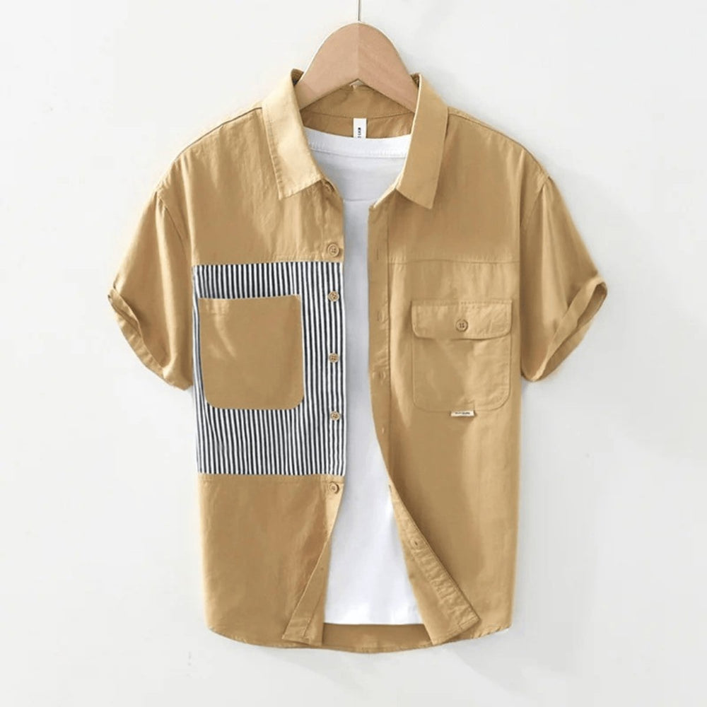 Mens Shirt Relaxed-Fit Cotton Pinstripe Panel Short-Sleeve