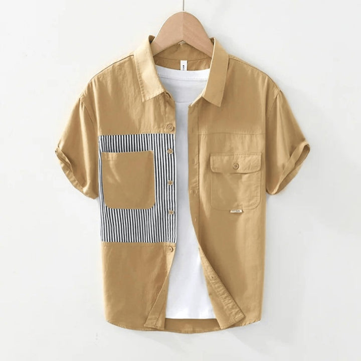 Mens Shirt Relaxed-Fit Cotton Pinstripe Panel Short-Sleeve
