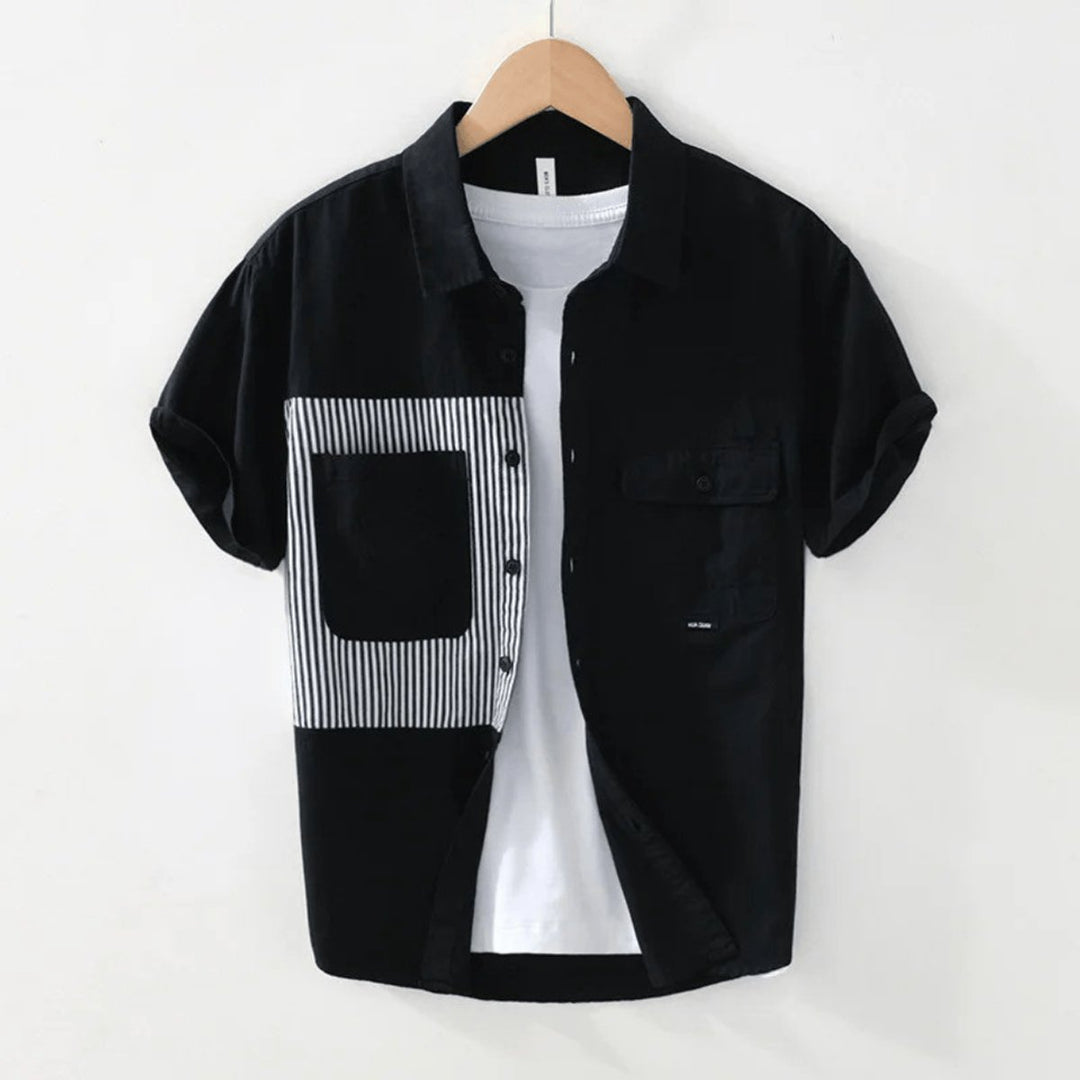 Mens Shirt Relaxed-Fit Cotton Pinstripe Panel Short-Sleeve