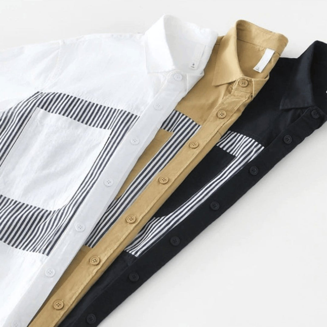 Mens Shirt Relaxed-Fit Cotton Pinstripe Panel Short-Sleeve