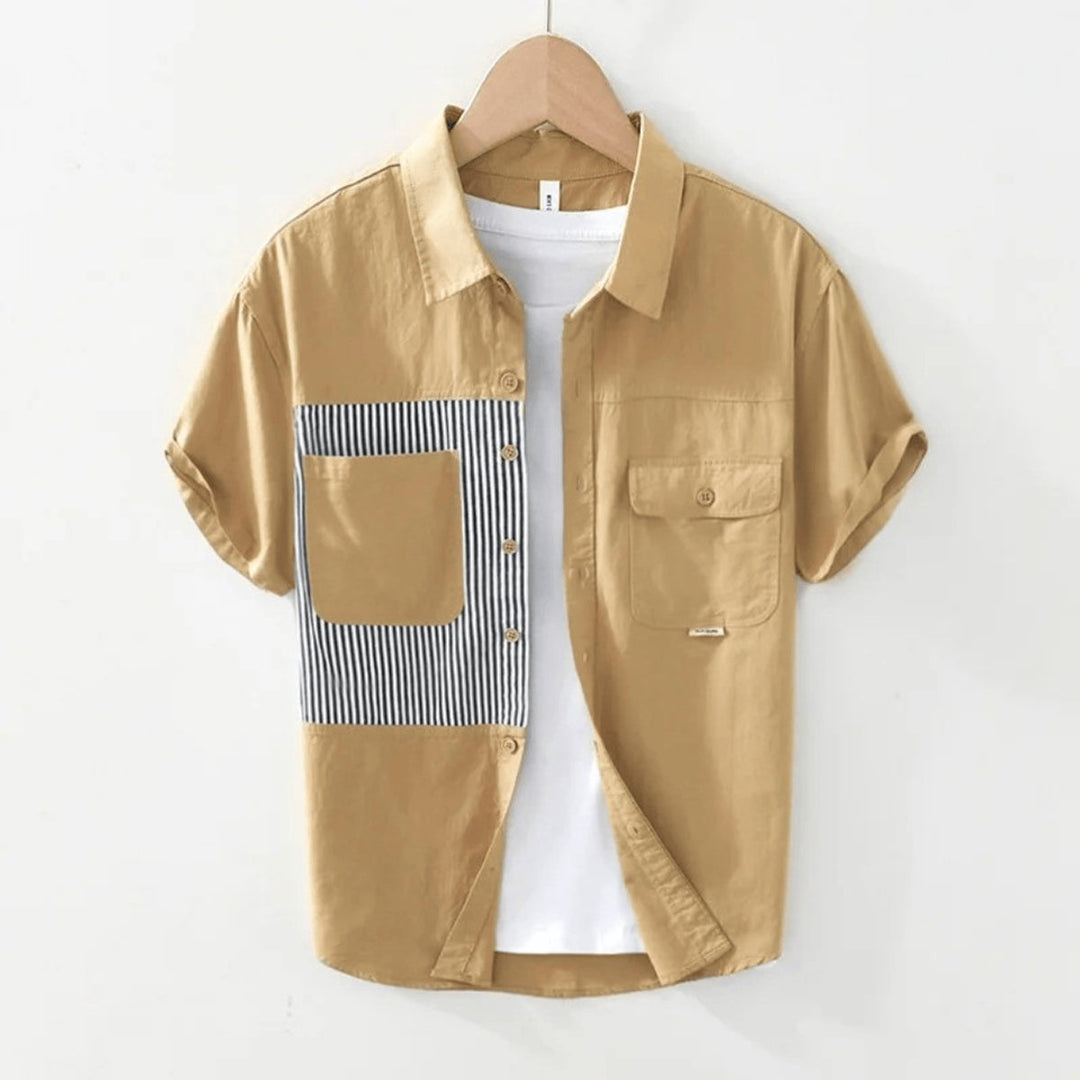 Mens Shirt Relaxed-Fit Cotton Pinstripe Panel Short-Sleeve
