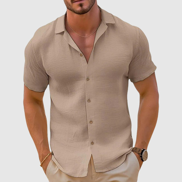 Men's Short-Sleeve Button-Up Camp Collar Linen Shirt
