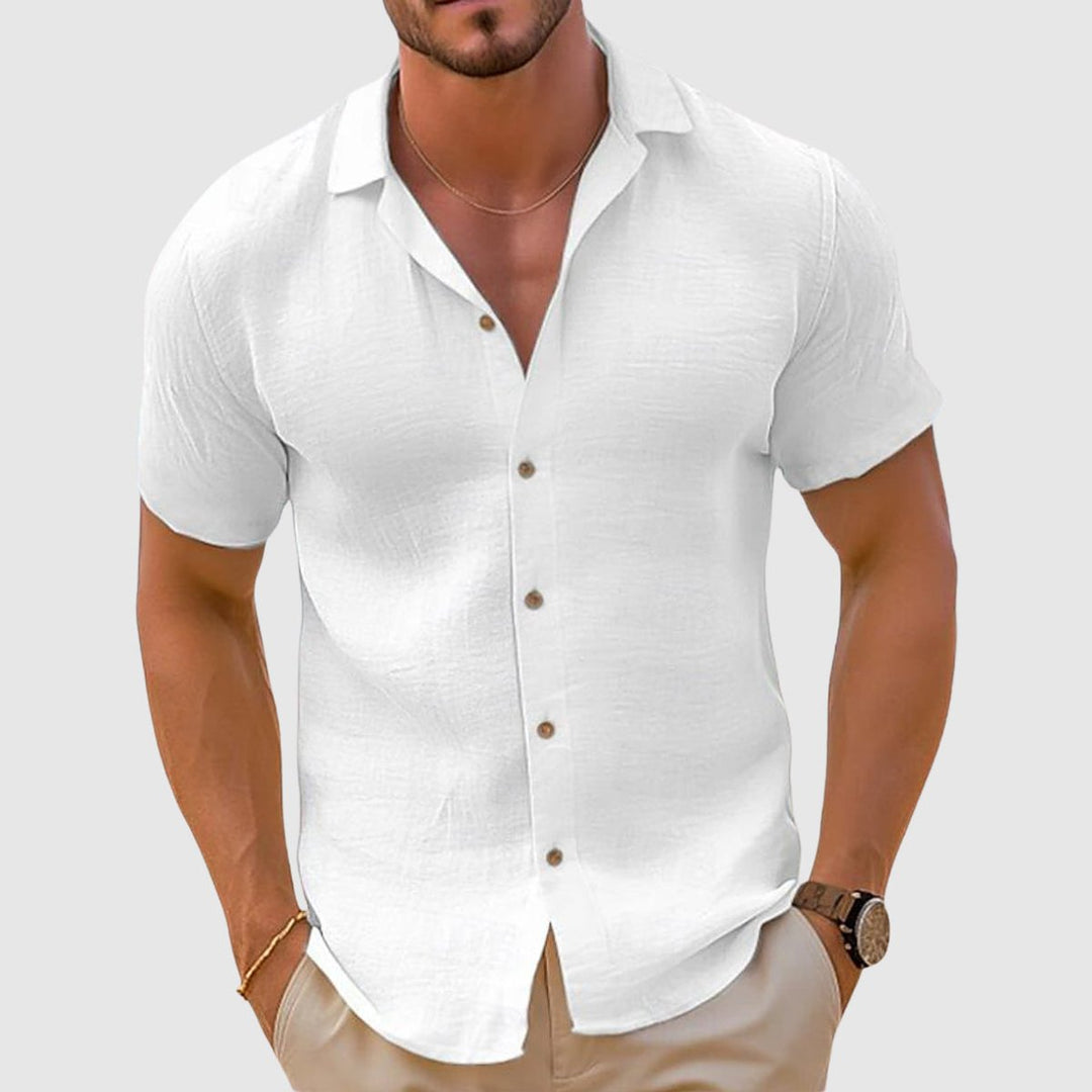 Men's Short-Sleeve Button-Up Camp Collar Linen Shirt