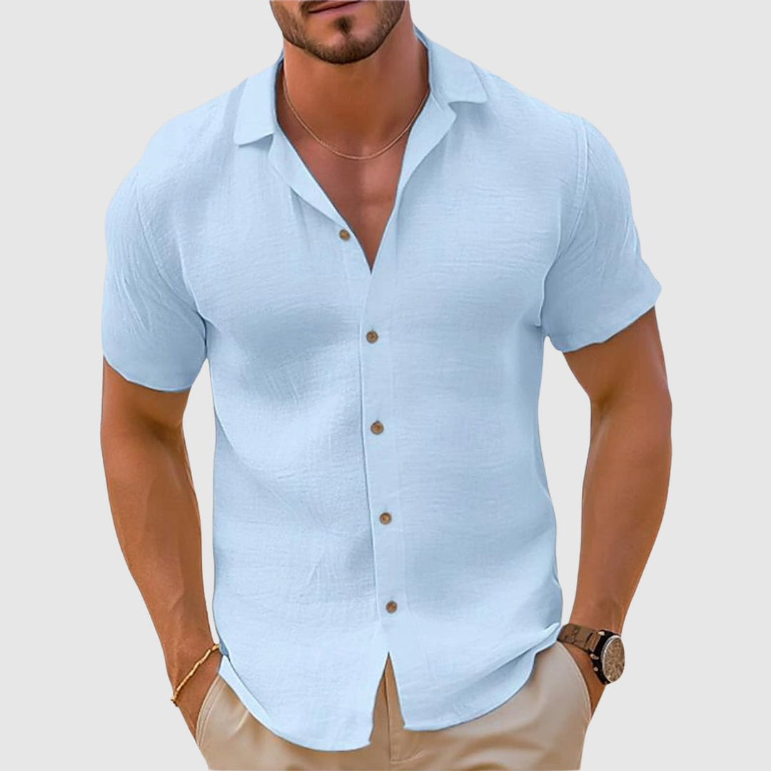 Men's Short-Sleeve Button-Up Camp Collar Linen Shirt