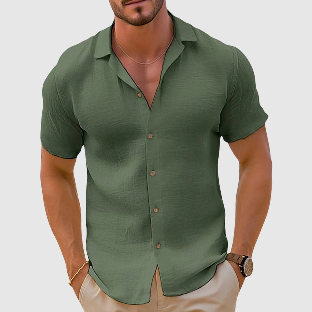 Men's Short-Sleeve Button-Up Camp Collar Linen Shirt
