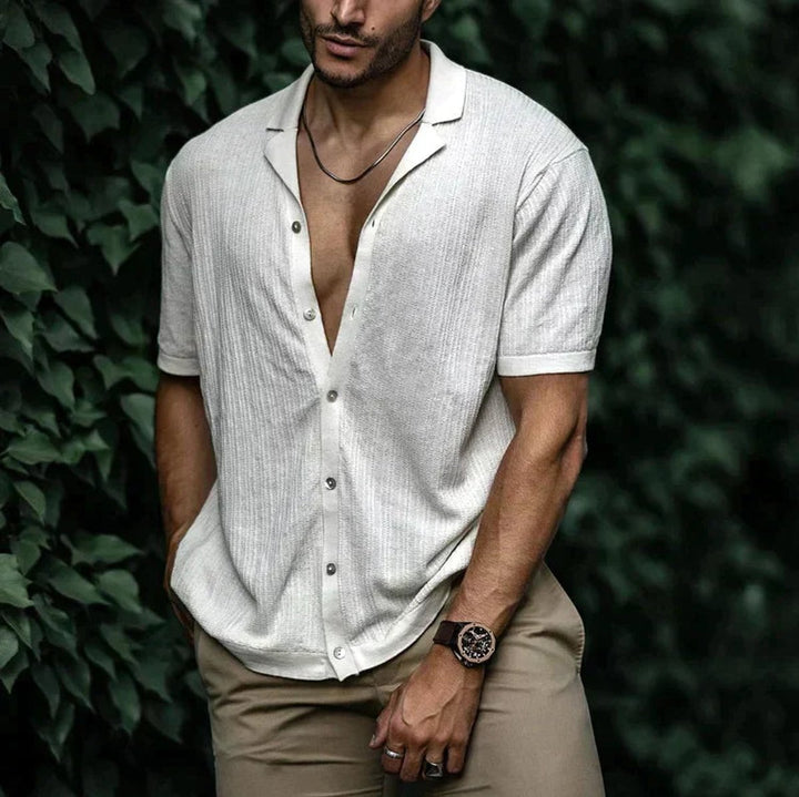 Men's Short-Sleeve Button-Up Shirt Relaxed Open-Collar Knit