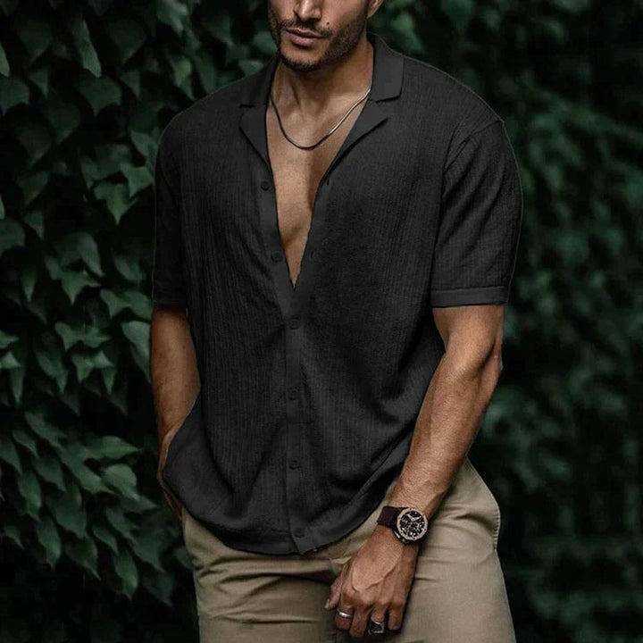 Men's Short-Sleeve Button-Up Shirt Relaxed Open-Collar Knit